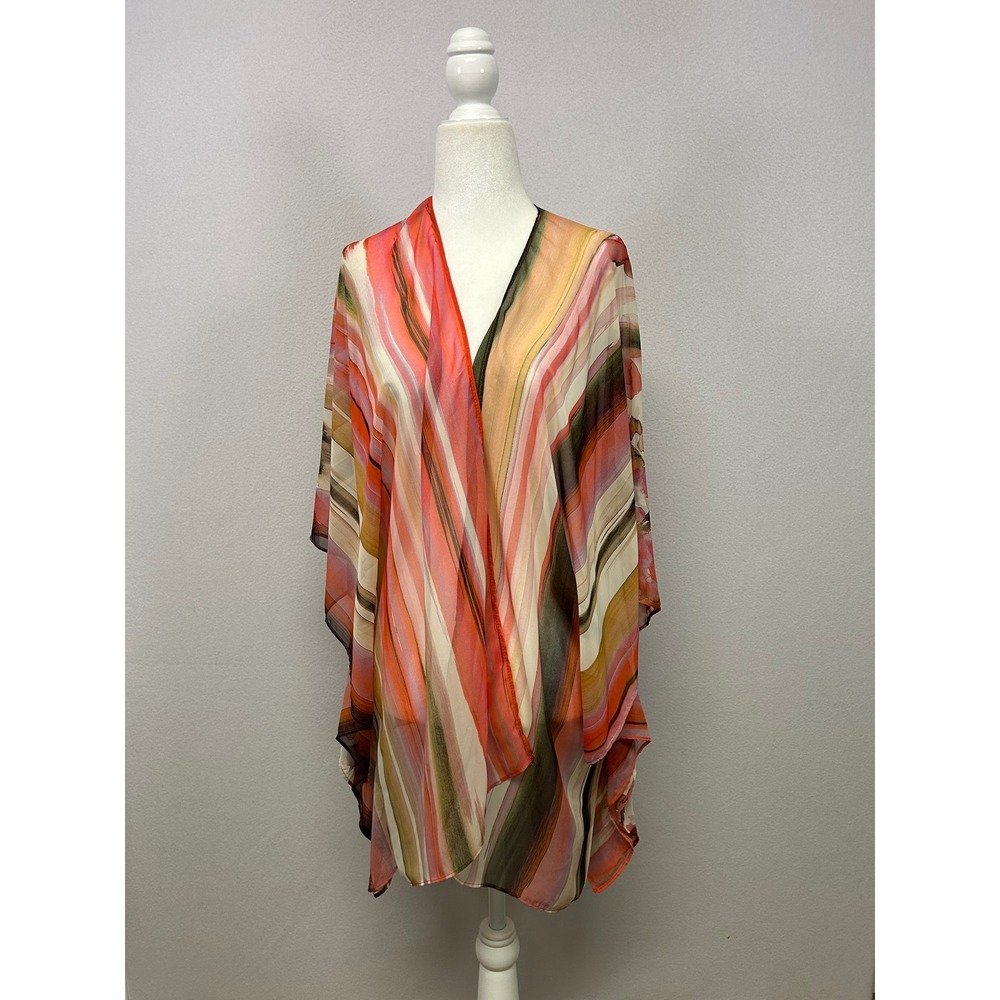 Boho Watercolor Maggie Barnes Womens 1X Orange Pink Striped Floral‎ Kimono Wrap